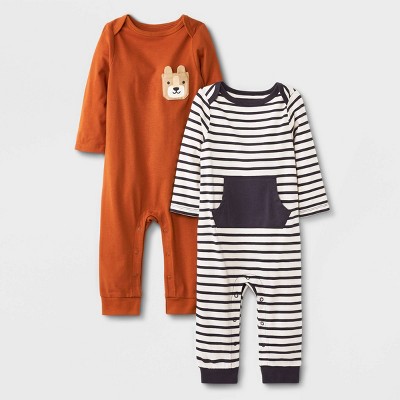 Image of Baby Boys' 2pk Bear Romper with Pocket - Cat & Jack™ Dark Orange 3-6M