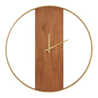 24" Walnut Brown and Gold Metal Round Wall Clock