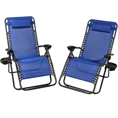 Sunnydaze Oversized Folding Fade-Resistant Outdoor XL Zero Gravity Lounge Chairs with Pillow and Cup Holder - Navy Blue - 2-Pack