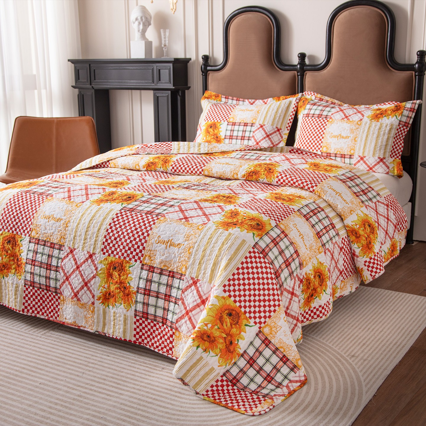 Комплект с покрывалом Acoinel Sunflower Patchwork Quilt Set - 3-Piece Reversible Bedspread with Pillow Shams — фото 2