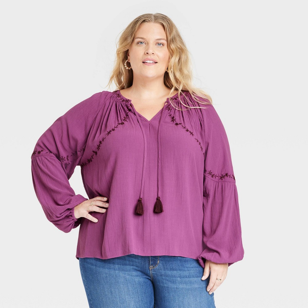 Women's Balloon Sleeve Embroidered Blouse - Knox Rose™ Violet XXL
