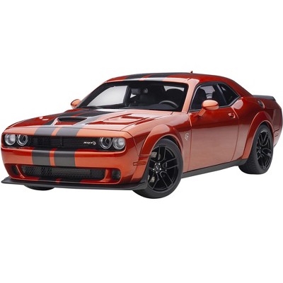 Dodge Challenger SRT Hellcat Widebody Sinamon Stick Orange Metallic with Dual Gunmetal Center Stripes 1/18 Model Car by Autoart