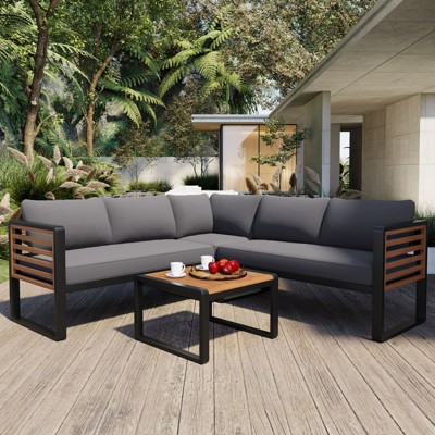 VisioGear 4 Pieces Outdoor Patio Conservation Set, L-shaped Sofa with Soft Cushion and a Coffee Table for Garden, Backyard, Gray, 23.6"*23.6"*16.3"