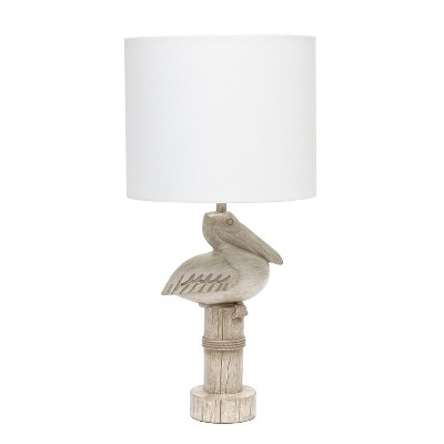 Beige Wash Pelican Table Lamp with White Drum Shade