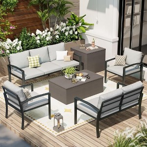 COWLOWN 7 Piece Light Gray Metal Patio Furniture Set with Waterproof Features and 2 Storage Boxes, Ideal for Outdoor Backyards - 1 of 4