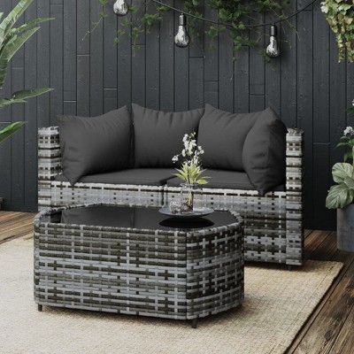 VidaXL 3 Piece Patio Lounge Set with Cushions Gray Poly Rattan