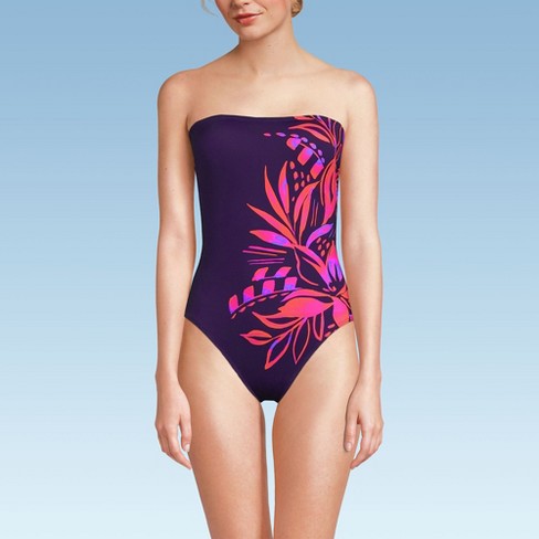 Lands End Women s Chlorine Resistant Bandeau High Leg Strappy One Piece Swimsuit 8 Blackberry Placement Floral