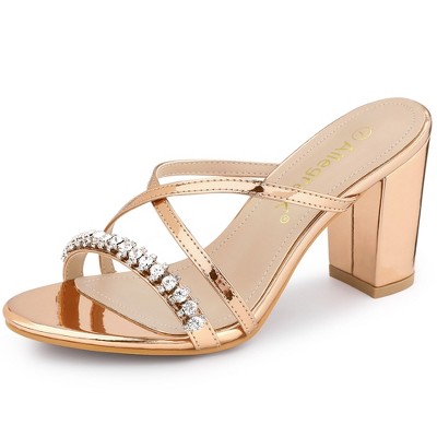 Allegra K Women's Crisscross Strap Rhinestone Block Heel Slide Sandals ...