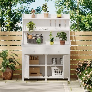 LOVMOR 65inch Garden Potting Bench Table, Fir Wood Workstation with Storage Shelf, Drawer and Cabinet,Brown - 1 of 4