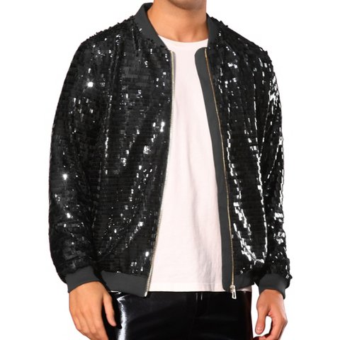 Мужские куртки INSPIRE CHIC Sequin Varsity Jackets for Men's Zipper Festival Disco Sparkly Shiny Baseball Bomber Jacket Black Medium