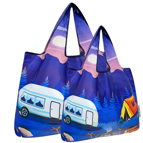 Wrapables Large Small Foldable Nylon Reusable Shopping Grocery Bags Set of 2 Happy Camping