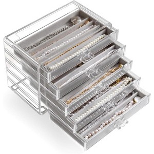 5-Drawer Dustproof Necklace Organizer Box, Clear Acrylic Case with Velvet Lining for Chain Display, Beige - 1 of 4