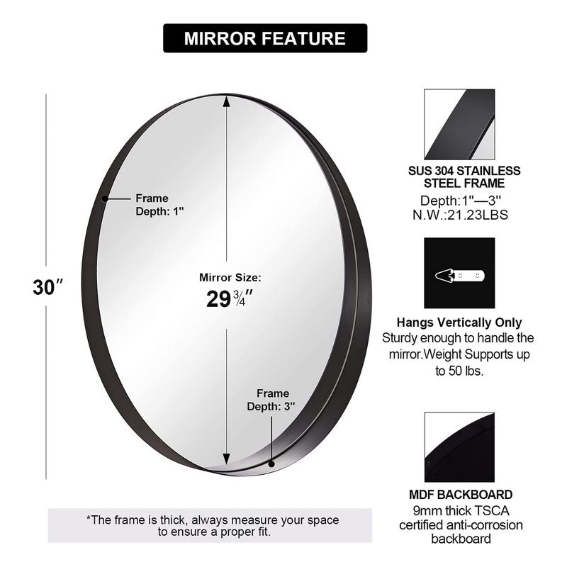 ANDY STAR 30 x 30 Inch Round Circle Mirror with 1-3 Inch Deep Millimeter Stainless Steel Metal Frame for Bathroom, Entryway, and Living Room, Black, 4 of 7