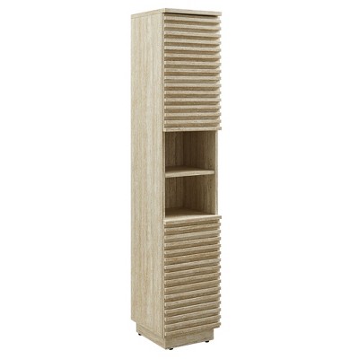 Modway Render Tall Linen Cabinet – Narrow Faux Travertine Storage Tower with Doors and Shelves