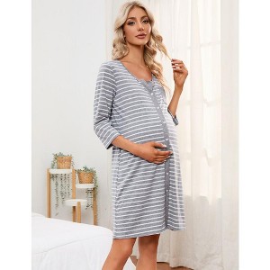 Women's Maternity Nightgown 3/4 Sleeve Striped Nursing Sleepshirt Button Breastfeeding Sleep Dress - 1 of 4