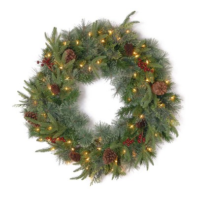 National Tree Company 24 Inch Feel Real Colonial Battery Operated Decorated Artificial Christmas Wreath with Dual Color LED Lights, 9 Functions