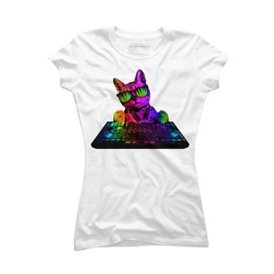 Junior's Design By Humans Cool Cat DJ By clingcling T-Shirt - 1 of 3