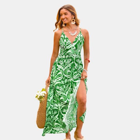 Женские платья Cupshe Women's Tropical Leaf Print Side Slit Maxi Beach Dress-XL-Green