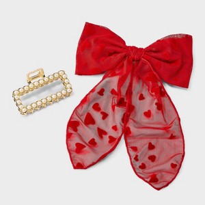 Valentine's Day Pearl Hair Claw Clip with Heart Embroidered Bow Set 2pc - A New Day™ Red/Gold - 1 of 4