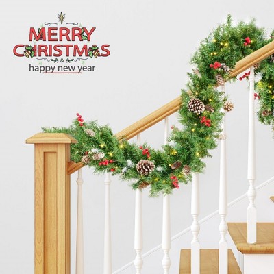 MOEPISY 9FT Prelit Christmas Garland with Warm LED Timer Lights, Frosted Pine Garland with Red Berries & Long Cedar Pinecones