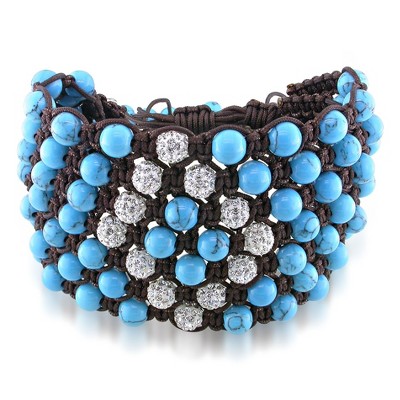EVERLY JEWELRY | Brown Cotton Cord Shambhala Cuff Bracelet with Turquoise and White Cubic Zirconia Beads