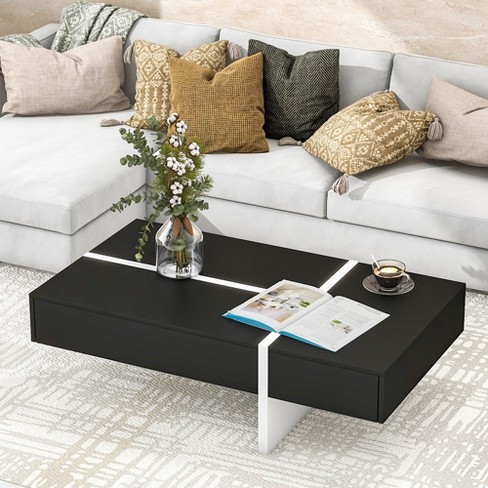 Modern High Gloss Surface Cocktail Table, Coffee Table with Large Drawer,  Black-ModernLuxe