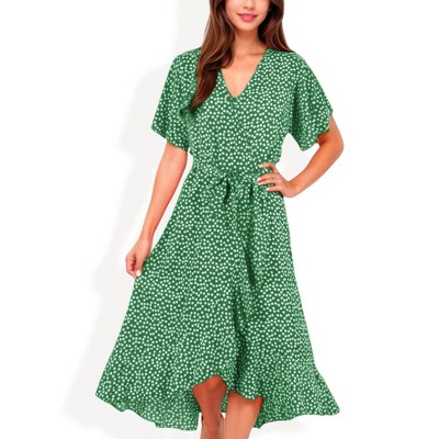 Anna-Kaci Women's V-Neck Flutter Sleeve Midi Dress with Belted Waist and Ruffle Hem