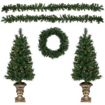 Northlight Pre-Lit Battery Operated Norwich Pine Artificial Christmas Entryway Set - 5-Piece - Clear Lights
