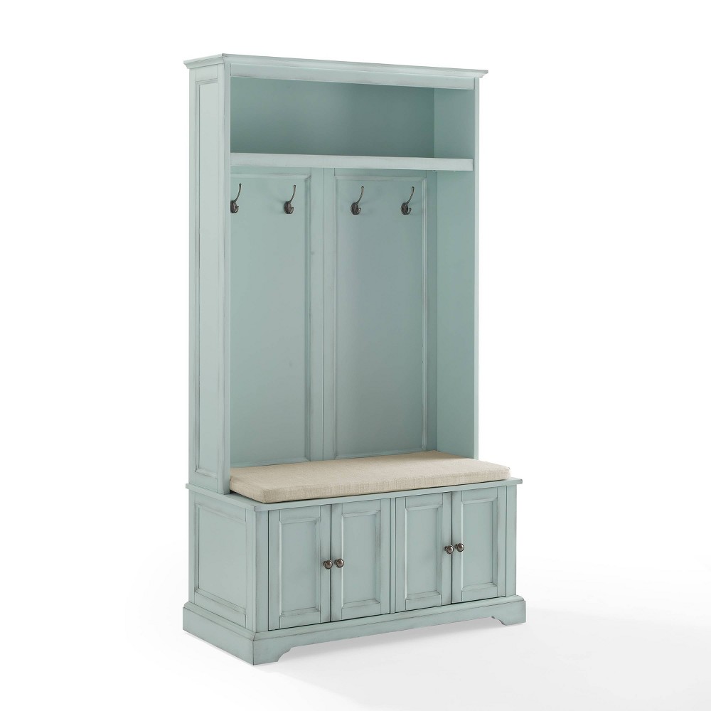 Holbrook Hall Tree Distressed Seafoam Blue/Oatmeal - Crosley: Bench, Storage, Hooks, Adjustable Shelves