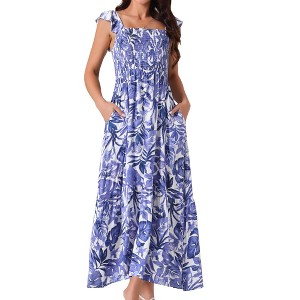 INSPIRE CHIC Women's Summer Boho Smocked Square Neck Cap Sleeve Ruffle Floral Flowy Tiered Maxi Sundress - 1 of 4