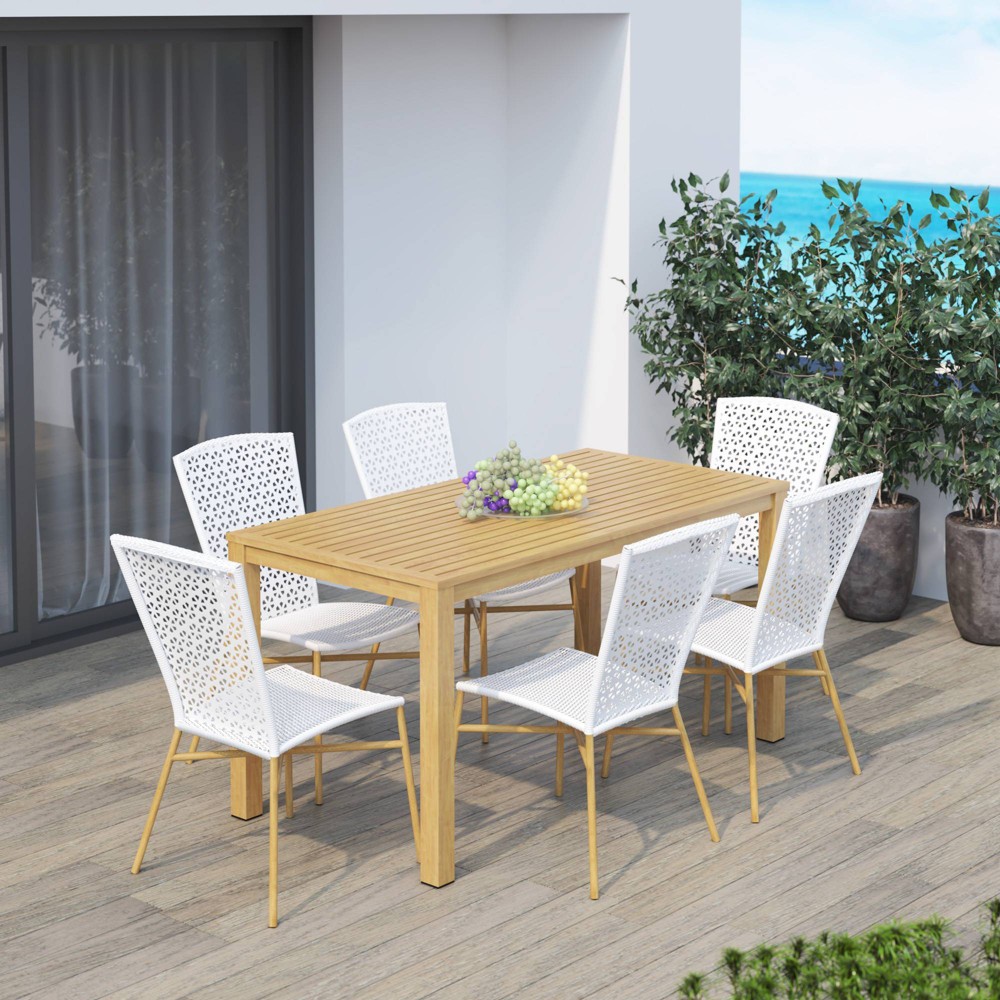 7pc Outdoor Dining Set with 60 Rectangular Table & Wicker Chairs White TK Classics