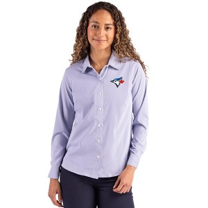 Toronto Blue Jays Cutter & Buck Skyline Epic Confidence Recycled Pinstripe Womens Long Sleeve Dress Shirt - Tour Blue/White - Medium - 1 of 1