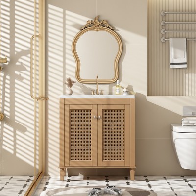 30" Natural Bathroom Vanity with Resin Sink, Freestanding Storage Cabinet with Hidden Drawer & Soft-Close Rattan Doors, Rustic Style - ModernLuxe