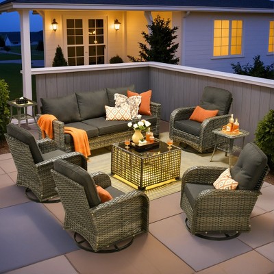 XIZZI Outdoor Rattan Sectional Sofa Set, Modular Patio Lounge Set w/ Swivel Chairs, Side Table & Optional 3-Seat Sofa/Ottomans/Firepit/Coffee Table