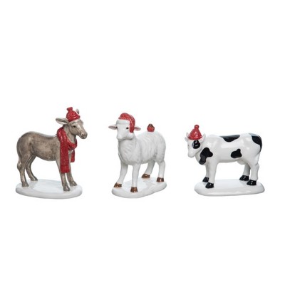 Transpac Dolomite Farm Animal Hat Figurines Set of 3 Decorative Ceramic Objects for Christmas Multicolored Tabletop Decor Indoor Use Gift Giving and
