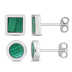 EVERLY JEWELRY | Men's Sterling Silver 1 5/8ct TGW Malachite Square and Round Stud Earrings 2-Piece Set - 1 of 4