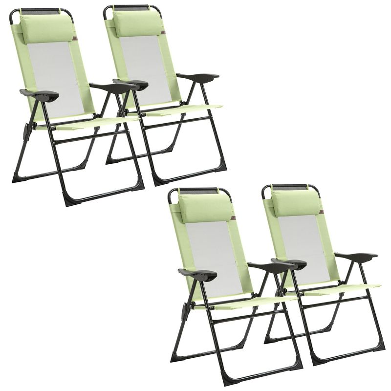 Outsunny Set of 4 Folding Patio Chairs, Camping Chairs with Adjustable Sling Back, Removable Headrest, Armrest for Garden, Backyard, Lawn, Green, 4 of 7