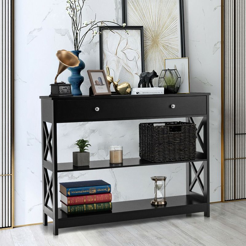 Costway Console Table Drawer Shelves Sofa Accent Table Entryway Hallway Black/White, 2 of 11
