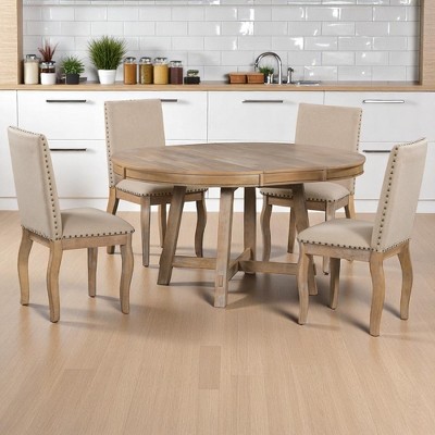 5-Piece Farmhouse Dining Set, Round Extendable Table with 4 Upholstered Chairs, Rustic Wood Dining Set for Kitchen and Dining Room