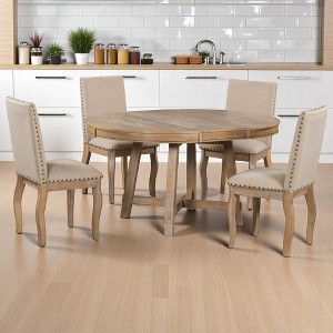 5-Piece Farmhouse Dining Set, Round Extendable Table with 4 Upholstered Chairs, Rustic Wood Dining Set for Kitchen and Dining Room - 1 of 4