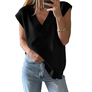 Women's V Neck Sweater Vest Oversized Cap Sleeve Casual Ribbed Split Hem Pullover Tank Tops Knitwear - 1 of 4