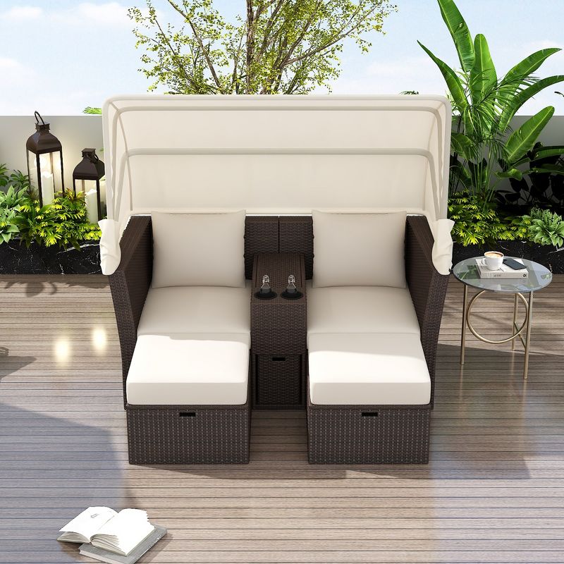 2-Seater Outdoor Patio Rattan Daybed, Convertible Loveseat Conversation Set with Foldable Awning-ModernLuxe, 2 of 13