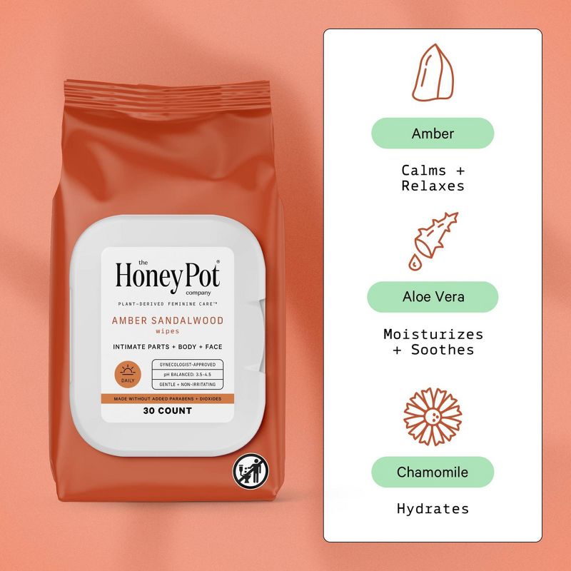 The Honey Pot Company, Amber Sandalwood Feminine Cleansing Wipes, Intimate Parts, Body or Face - 30ct, 5 of 12