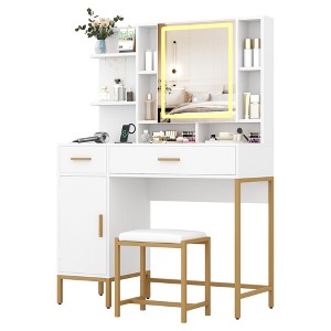 Makeup Vanity Desk with Led Lights, Modern White Dressing Table Set with Soft Cushioned Stool, 3 Lighting Modes Vanity Table with 2 Drawers - 1 of 4