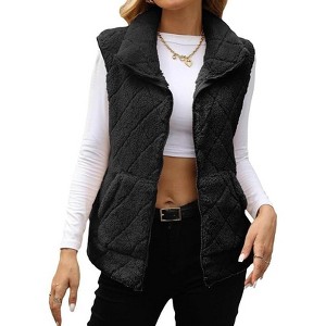 Coolmee Women's Fuzzy Fleece Vest Sleeveless Quilted Jacket Zip Up Vest Winter Coats with Pockets - 1 of 4