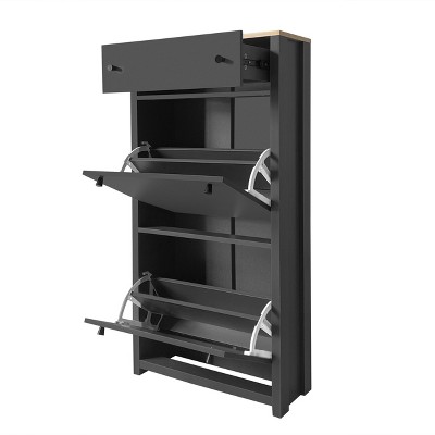PDTEND Freestanding Shoe Rack with Adjustable Panel and 2 Flip Drawers for Hallway