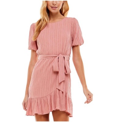 City Studio Womens Stretch Textured Keyhole Ruffled Dress, Pink, Medium