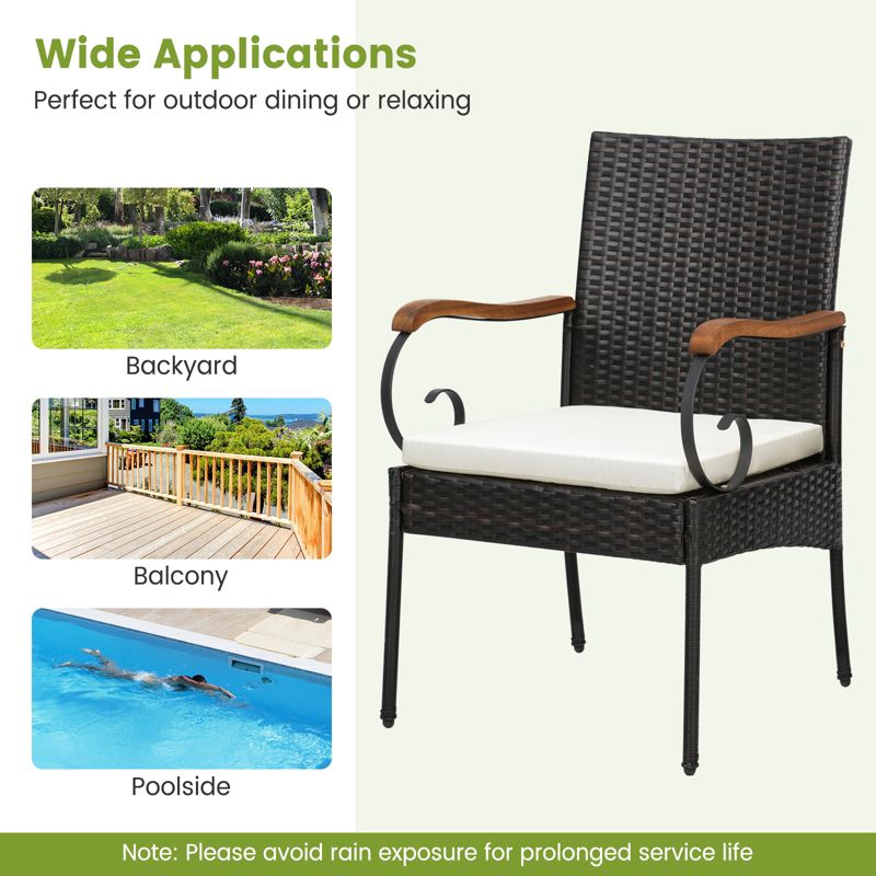 Tangkula Set of 2 PE Wicker Chairs Acacia Wood Armrests w/ White Soft Zippered Cushion Patio, 2 of 6