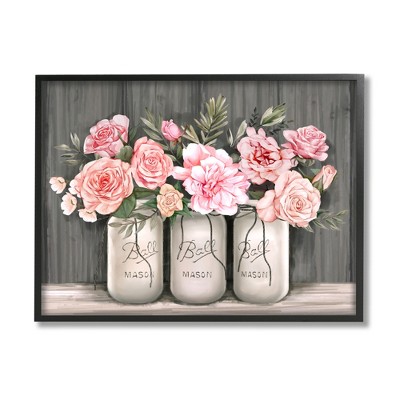 Stupell Industries Blossoming Pink Rose Bouquets Rustic Country Jars