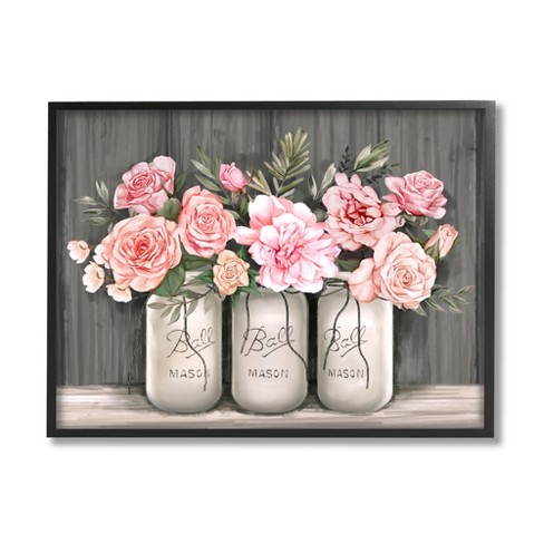 Stupell Industries Blossoming Pink Rose Bouquets Rustic Country Jars Black Framed  Giclee, 16 X 20 : Target